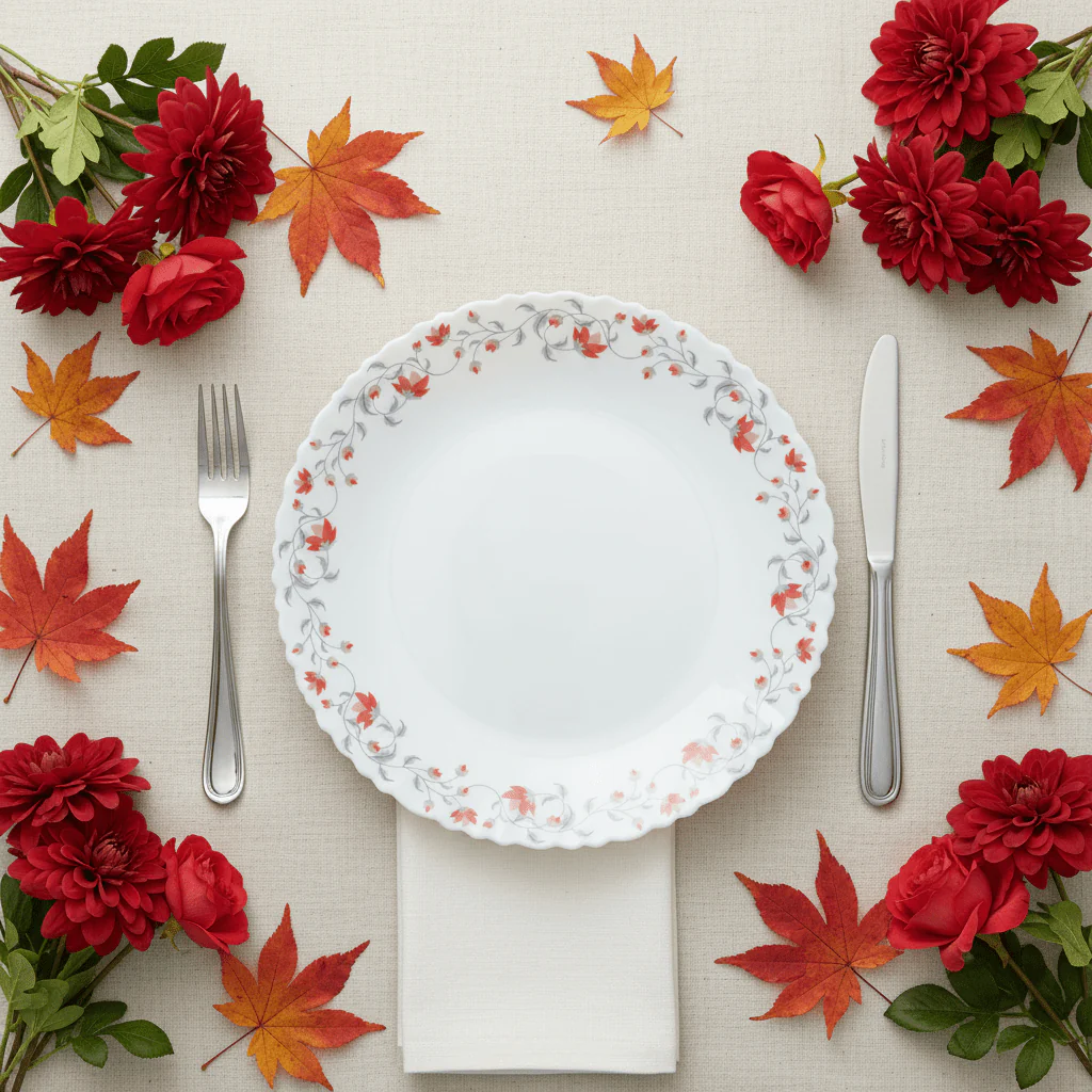 Larah Fluted White Opalware Dinner Plate with Red Floral Design – 27cm - Image 4