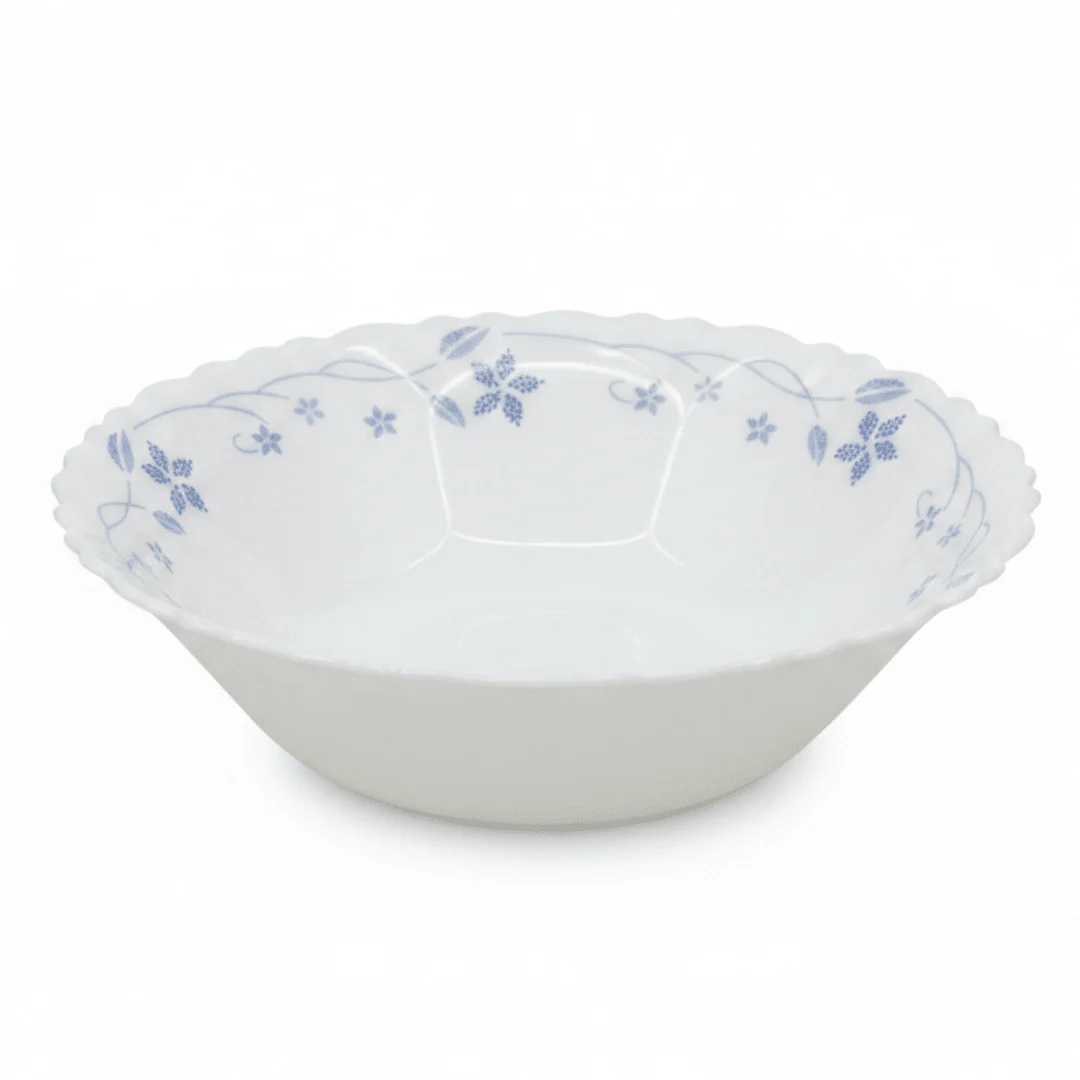 Larah Fluted White Opalware Multipurpose Bowl with Blue Floral Design – 6.5 Inch