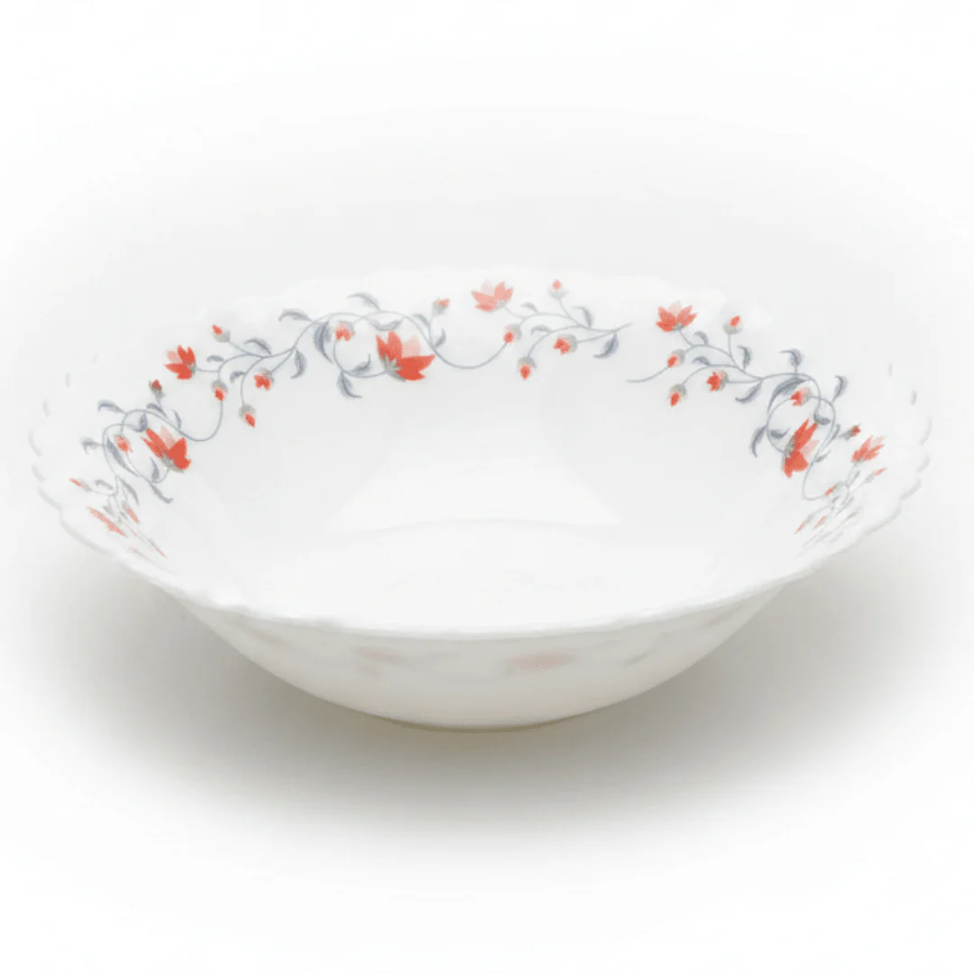 Larah Fluted White Opalware Multipurpose Bowl with Red Floral Design – 6.5 Inch