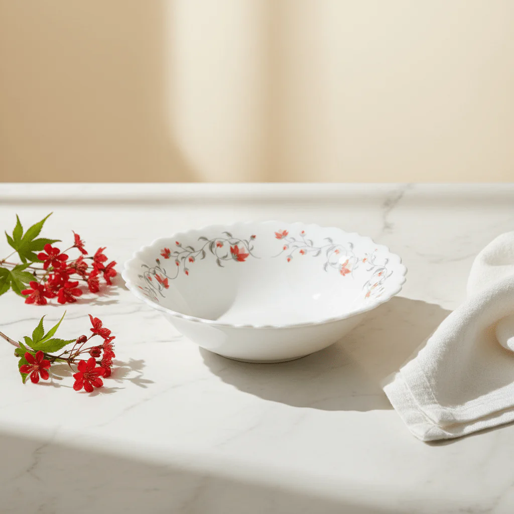 Larah Fluted White Opalware Multipurpose Bowl with Red Floral Design – 6.5 Inch - Image 2
