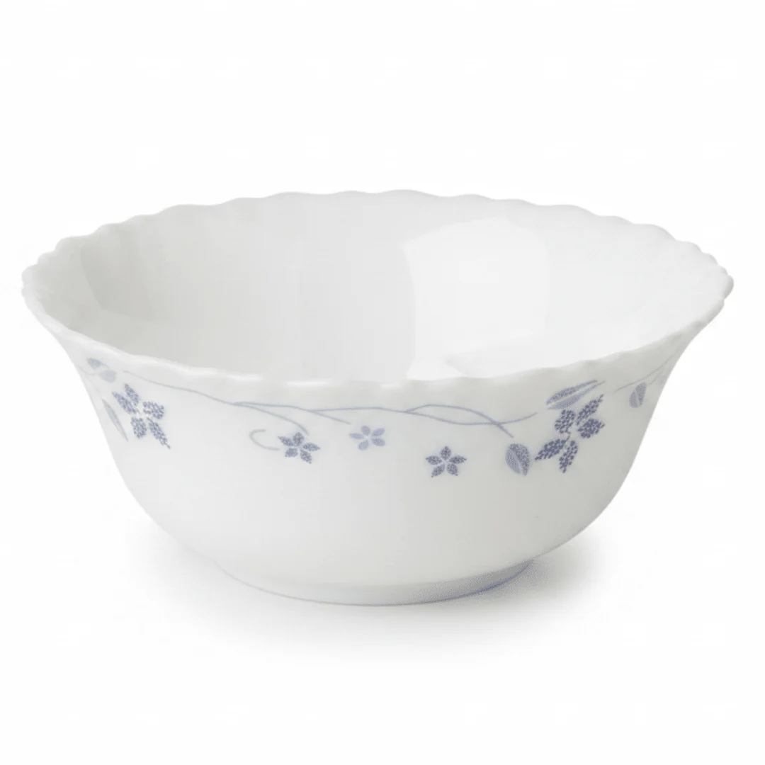 Larah Fluted White Opalware Soup Bowl with Blue Floral Design – 5 Inch