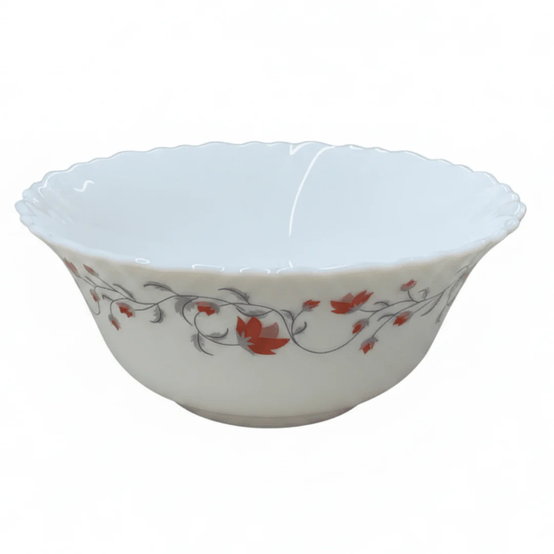 Larah Fluted White Opalware Soup Bowl with Red Floral Design – 5 Inch