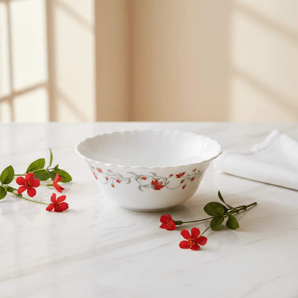 Larah Fluted White Opalware Soup Bowl with Red Floral Design – 5 Inch - Image 2