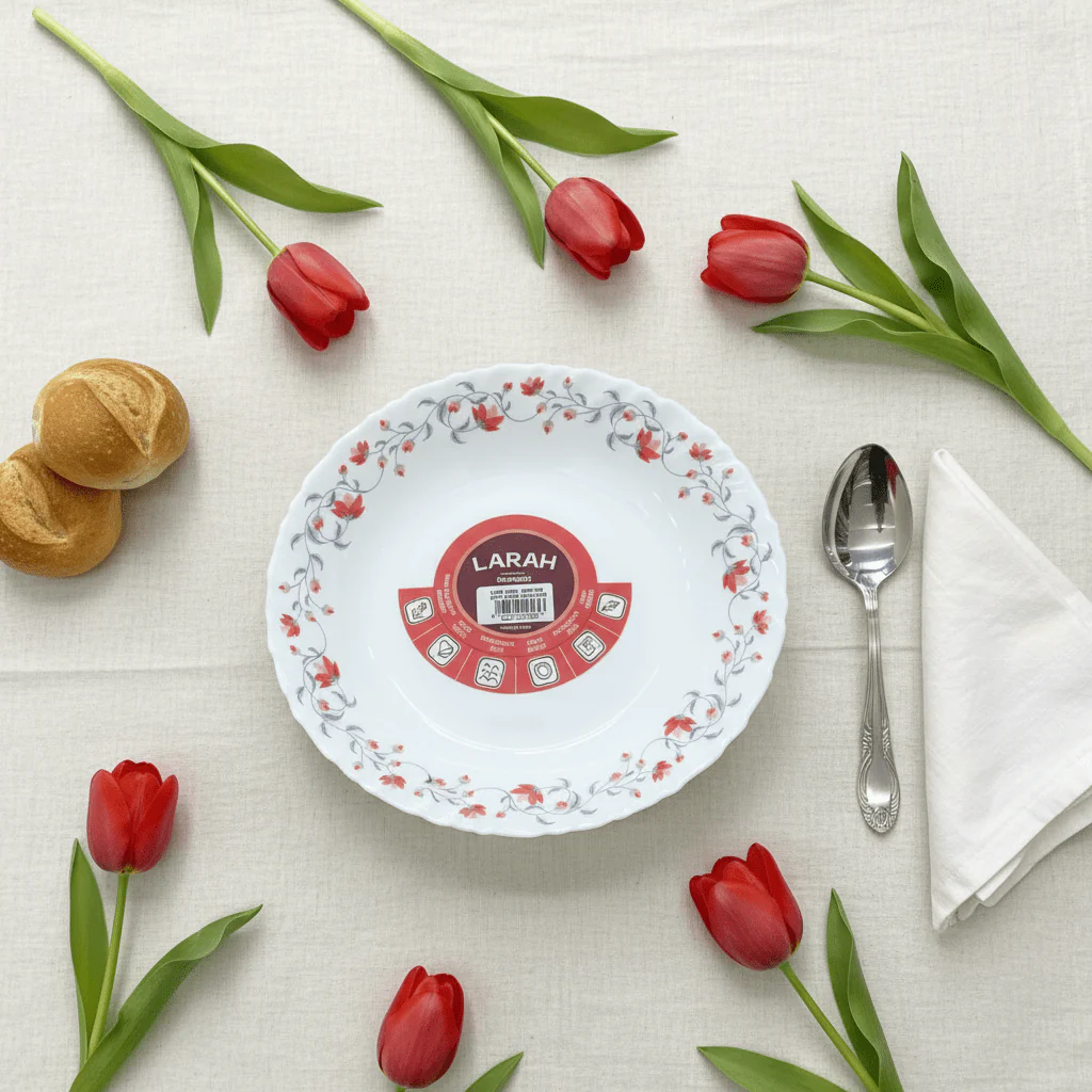 Larah Fluted White Opalware Soup Plate with Red Floral Design – 9 Inch - Image 4
