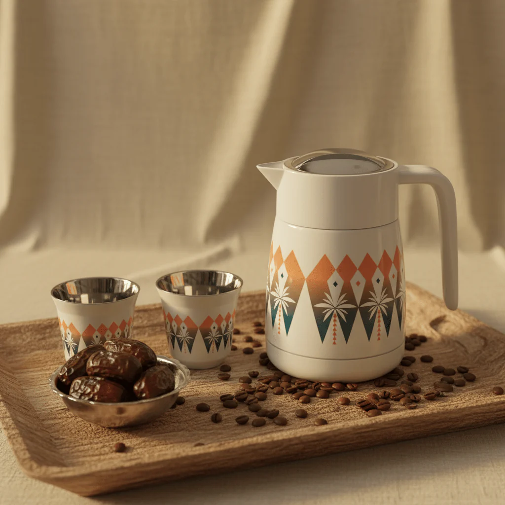 Lavin White Vacuum Flask with Palm Tree Design and 2 Cawa Cups for Traditional Coffee Serving 500 ml - Image 2
