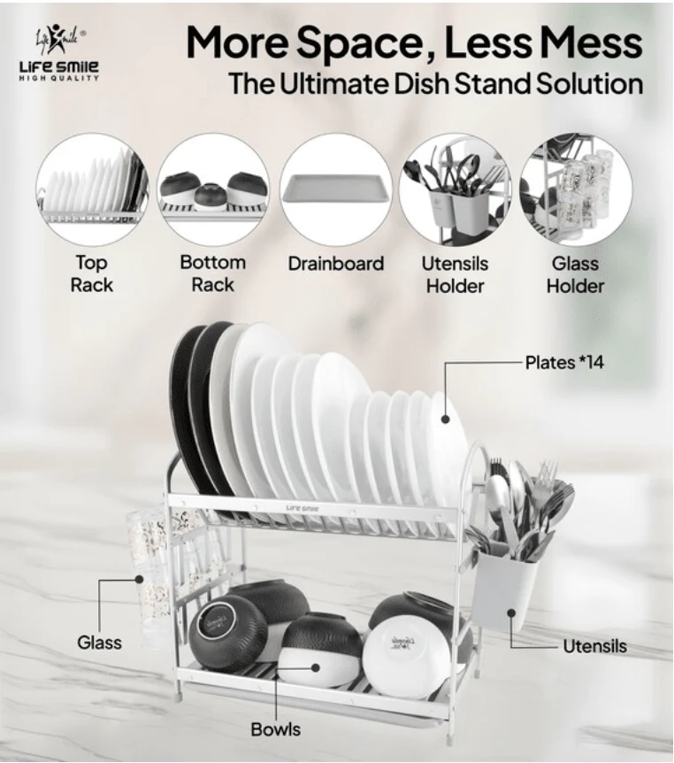 Life Smile Aluminium 2 Tier Dish Rack with Anti-Slip Rubber Fleet Designed to Maximize the Kitchen Storage 49.7cmX25cmX37.7cm-silver - Image 2