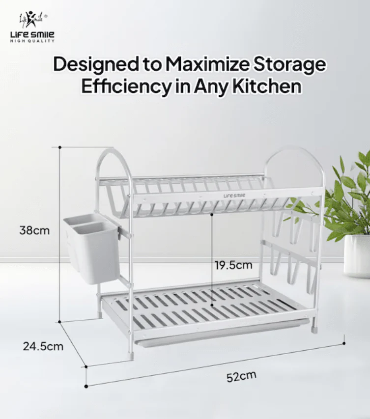 Life Smile Aluminium 2 Tier Dish Rack with Anti-Slip Rubber Fleet Designed to Maximize the Kitchen Storage 49.7cmX25cmX37.7cm-silver - Image 4