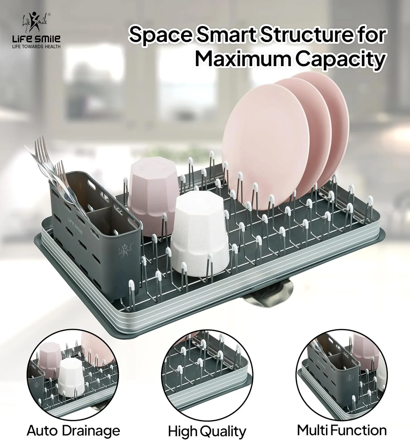 Life Smile Aluminum 1 tier Dish Drying Rack,Never Rust Dish Rack with Removable Cutlery Holder & Cup Holder, 360° Swivel Spout Drain Board 48.5cmX31.9cmX14.2cm-Grey - Image 2