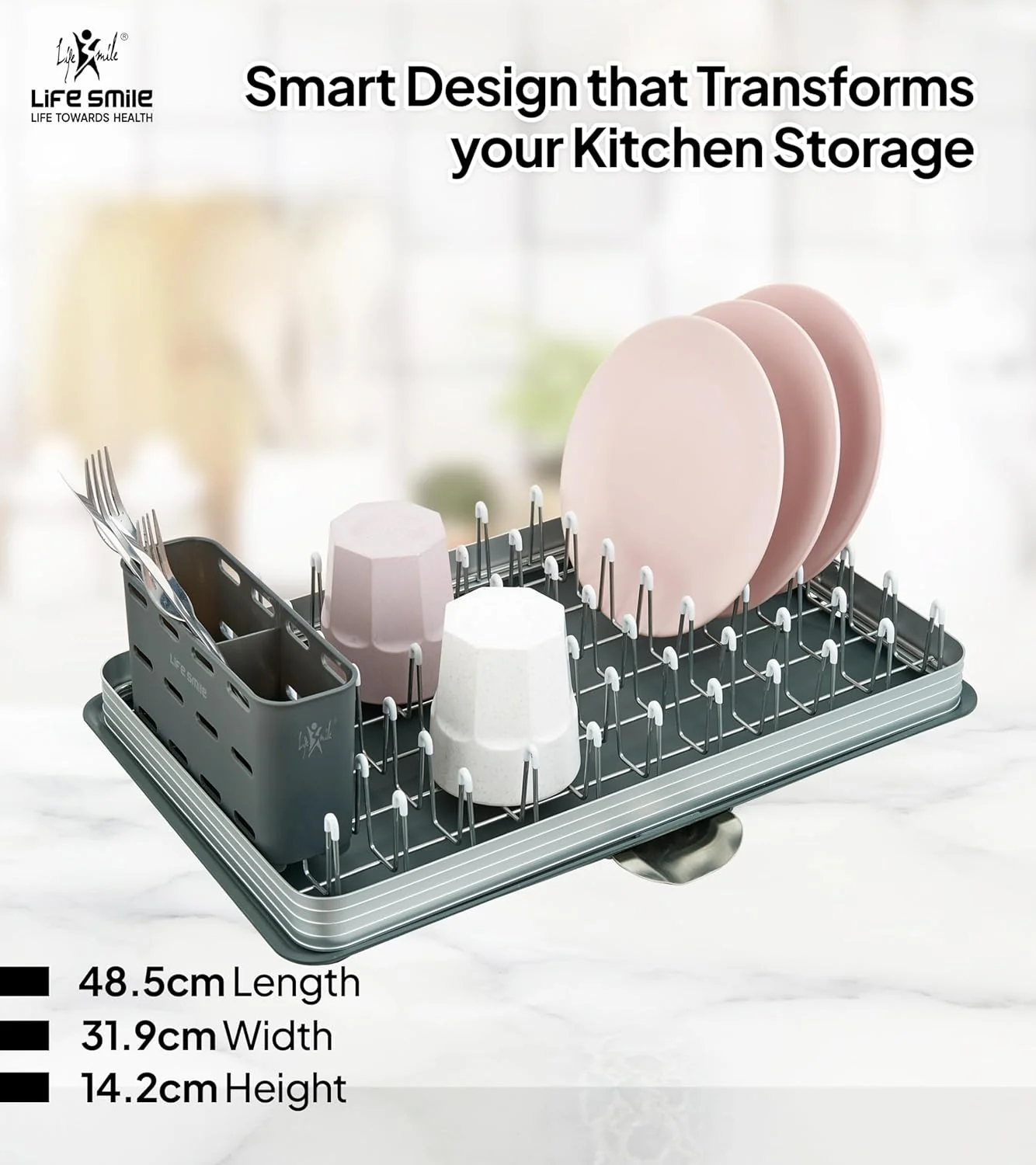 Life Smile Aluminum 1 tier Dish Drying Rack,Never Rust Dish Rack with Removable Cutlery Holder & Cup Holder, 360° Swivel Spout Drain Board 48.5cmX31.9cmX14.2cm-Grey - Image 4
