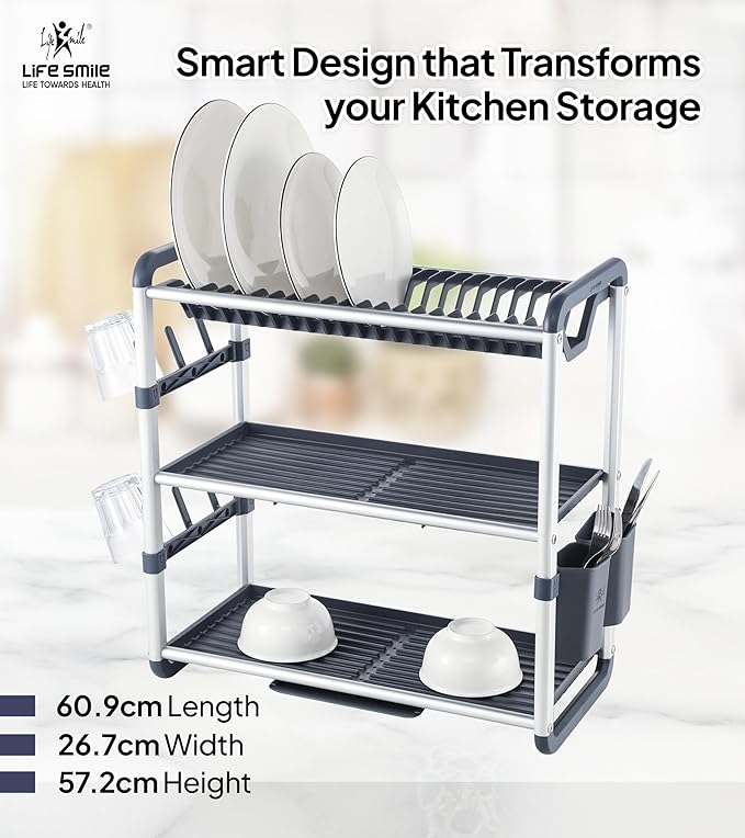 Life Smile Aluminum 3 Tier Dish Drying Rack with Bowl Shelf, Drainer, Cutlery and Cup Holder 60.9cmX26.7cmX57.7cm-White&grey - Image 2