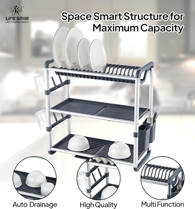 Life Smile Aluminum 3 Tier Dish Drying Rack with Bowl Shelf, Drainer, Cutlery and Cup Holder 60.9cmX26.7cmX57.7cm-White&grey - Image 3