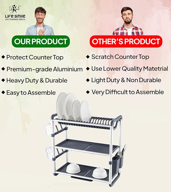 Life Smile Aluminum 3 Tier Dish Drying Rack with Bowl Shelf, Drainer, Cutlery and Cup Holder 60.9cmX26.7cmX57.7cm-White&grey - Image 4
