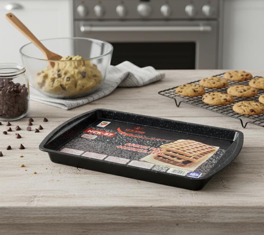 LIFE SMILE Cookie Pan 44×28×2.3 cm – Non-Stick Granite Design Carbon Steel Baking Tray for Cookies, Cakes and Snacks