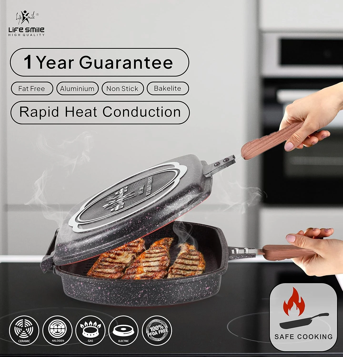 LIFE SMILE Granite Coating Double Grill Pan 32cm, Scrach Proof - Image 2