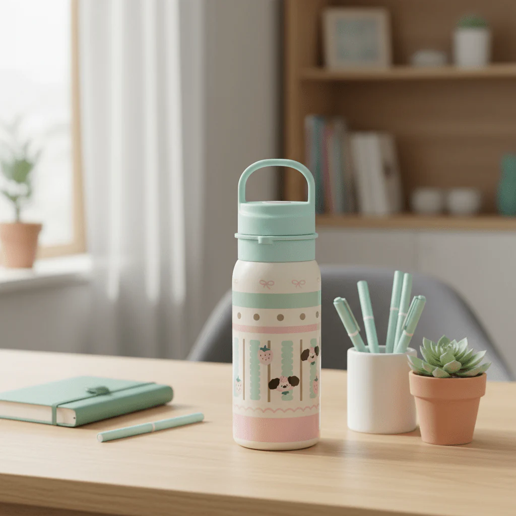 Light Blue & Cream Stylish Metal Water Bottle with Elegant Design – 500 ml - Image 2