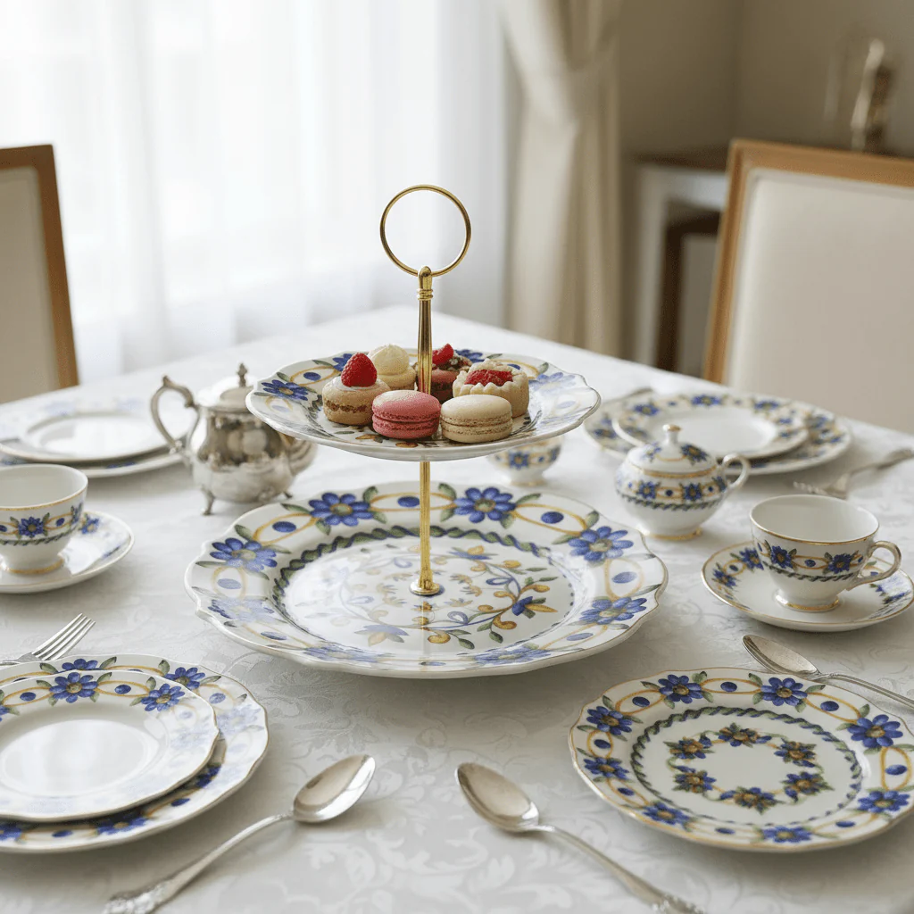 Luhpar Elegant Two-Tier White Ceramic Cake Stand with Blue Floral Pattern – 8 + 11 Inch Display Stand - Image 2