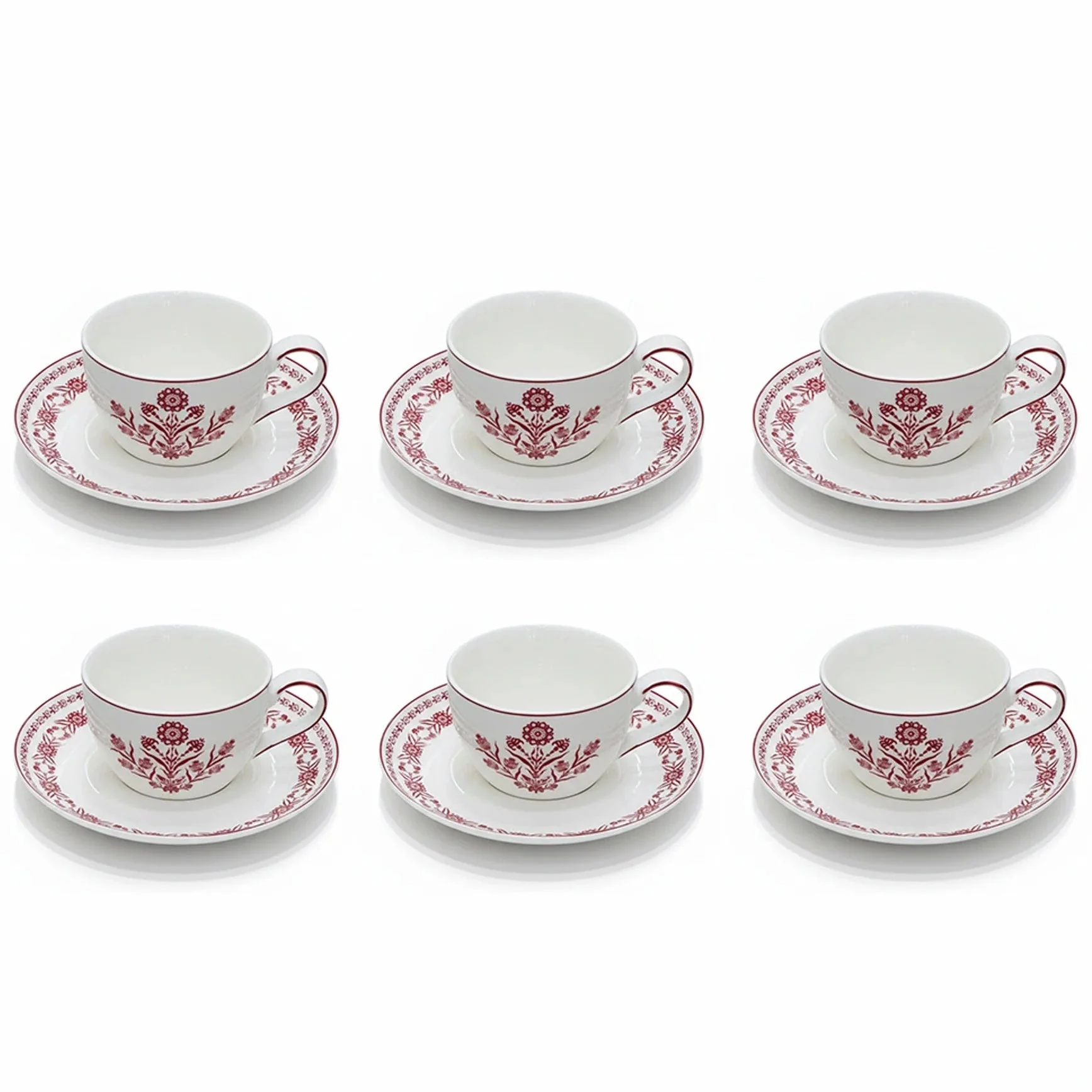 Luhpar EM-008 Milk Cup & Saucer Set with Red Rim – 12-Piece Set – White with Red Floral Design