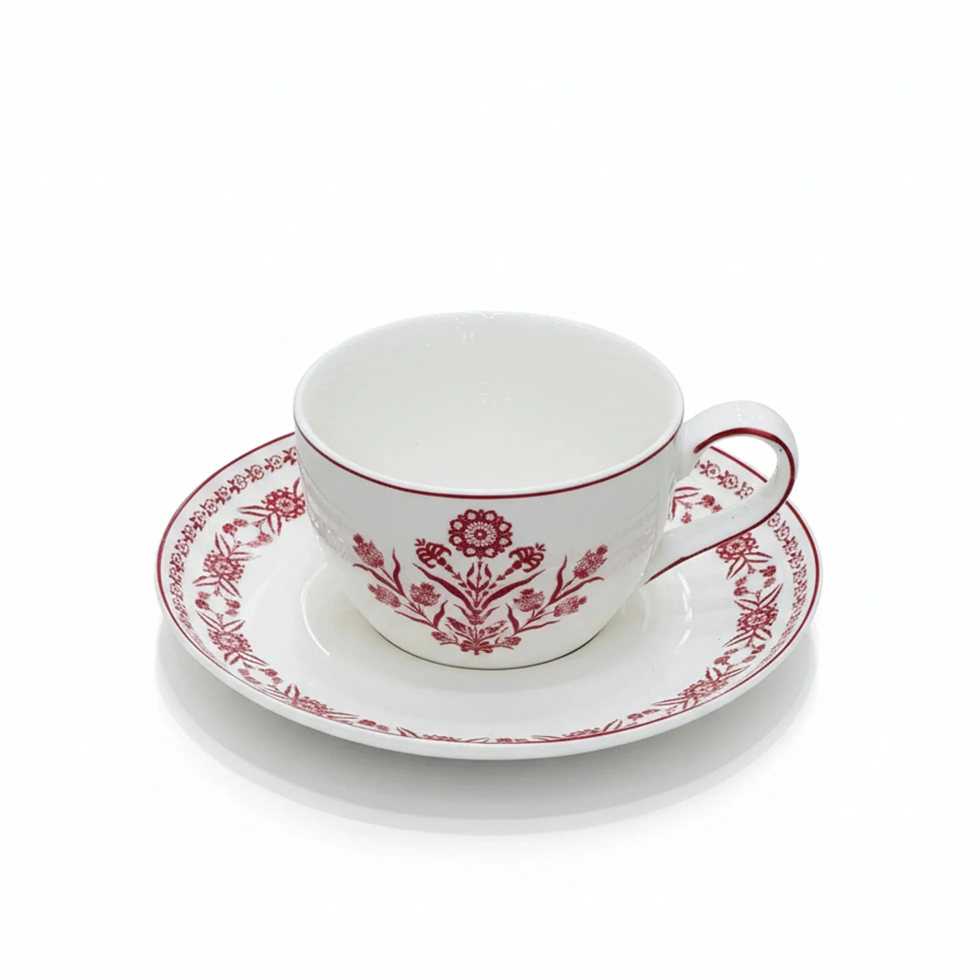 Luhpar EM-008 Milk Cup & Saucer Set with Red Rim – 12-Piece Set – White with Red Floral Design - Image 2