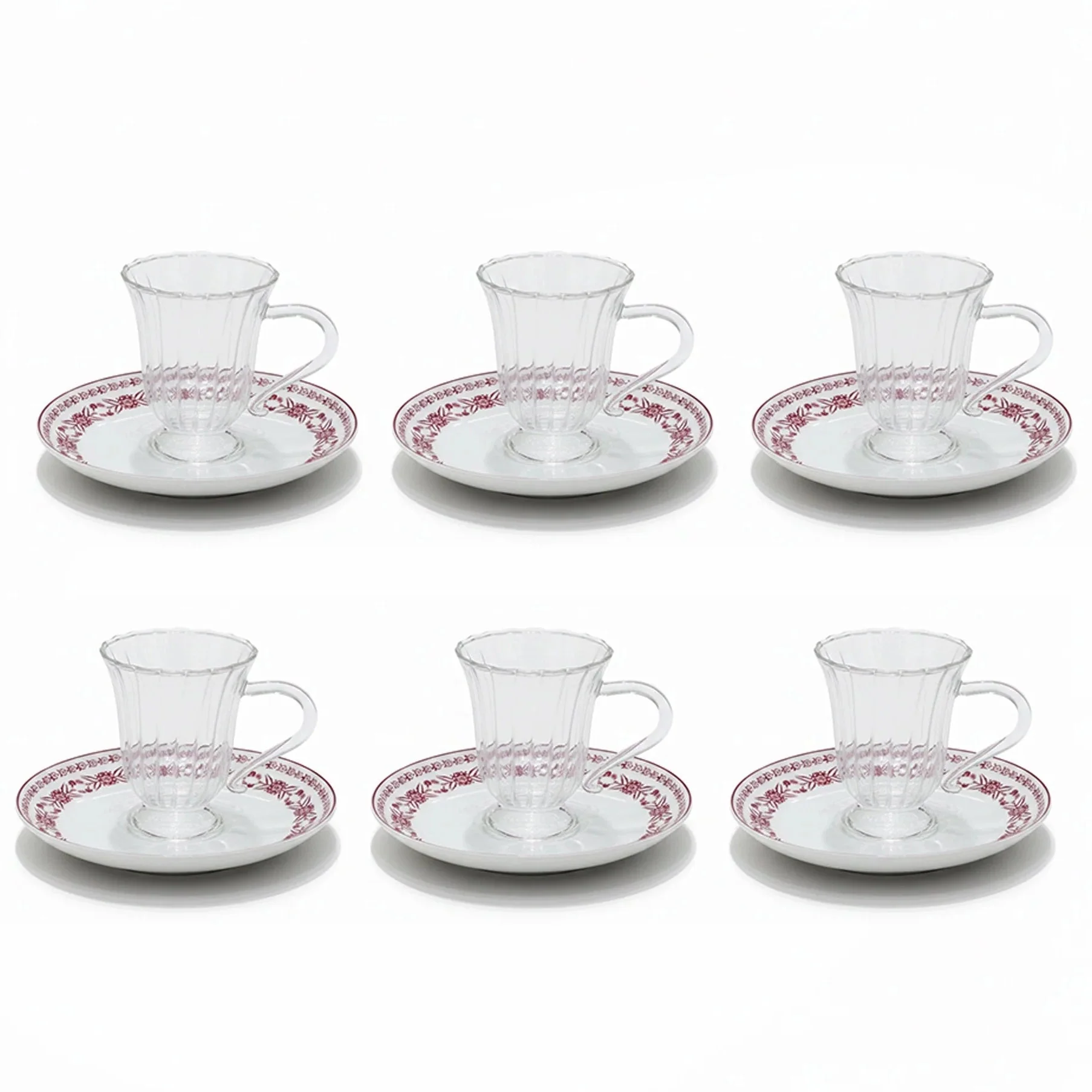 Luhpar EM-011 Glass Cup & Ceramic Saucer Set with Red Rim – 12-Piece Set – White with Red Floral Design