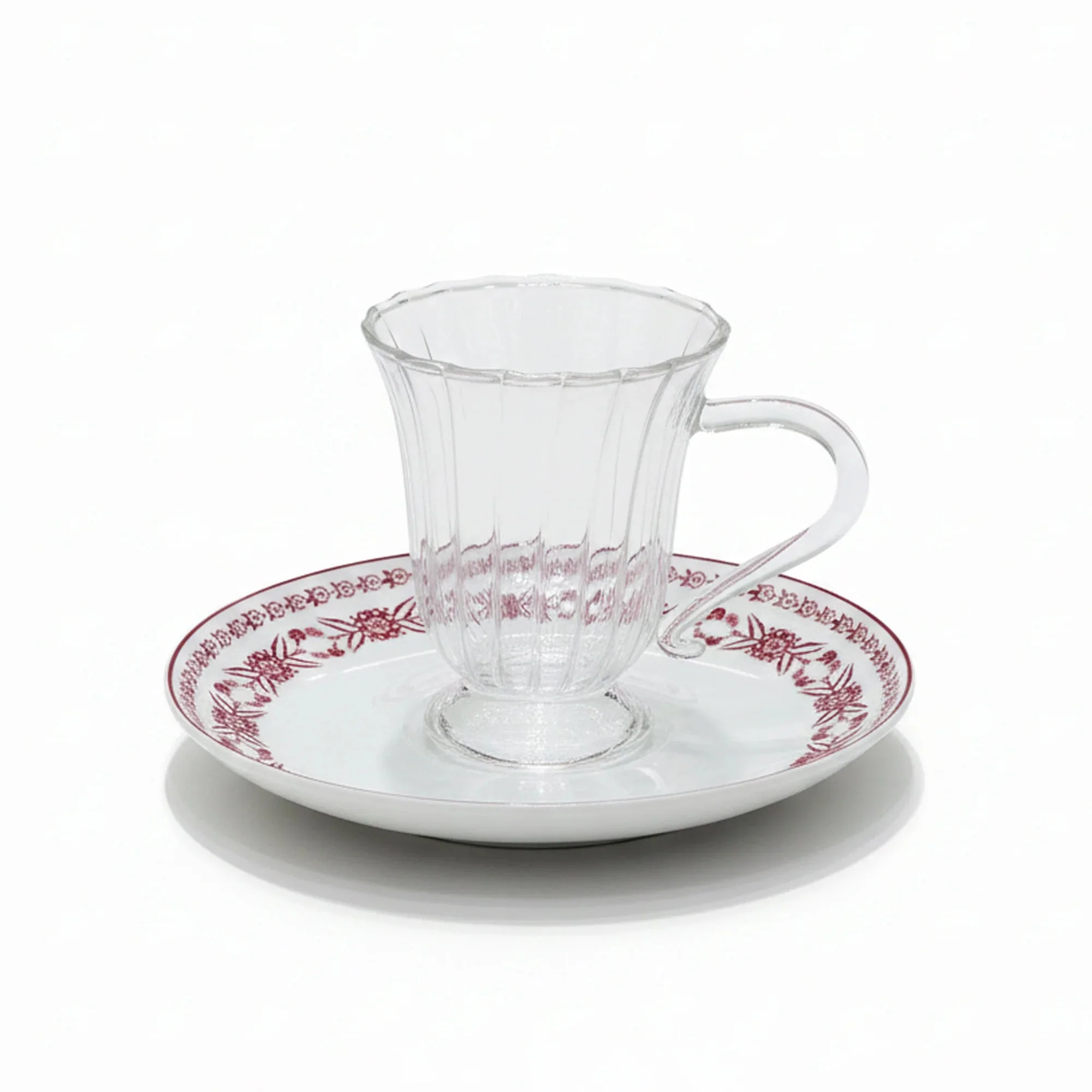 Luhpar EM-011 Glass Cup & Ceramic Saucer Set with Red Rim – 12-Piece Set – White with Red Floral Design - Image 2