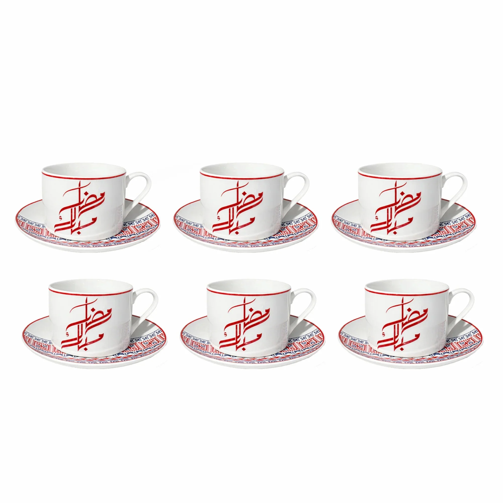 Luhpar M19263 / ZBA6 / D25110 Ceramic Tea Cup & Saucer Set – 6-Piece – Red & Blue Arabic Pattern