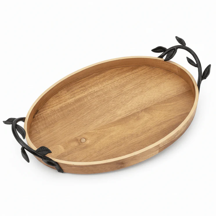 Luhpar Oval Wooden Tray with Black Metal Handles – Stylish Serving Tray for Home & Events 40×26 cm