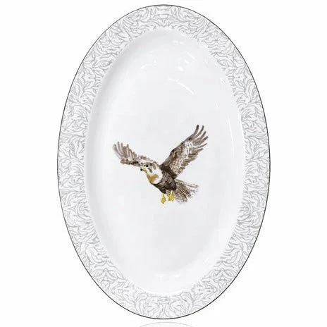 Luhpar Premium 12-Inch Ceramic Oval Serving Plate – White with Grey Falcon Design