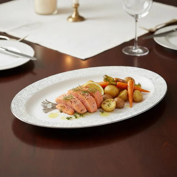 Luhpar Premium 12-Inch Ceramic Oval Serving Plate – White with Grey Falcon Design - Image 2