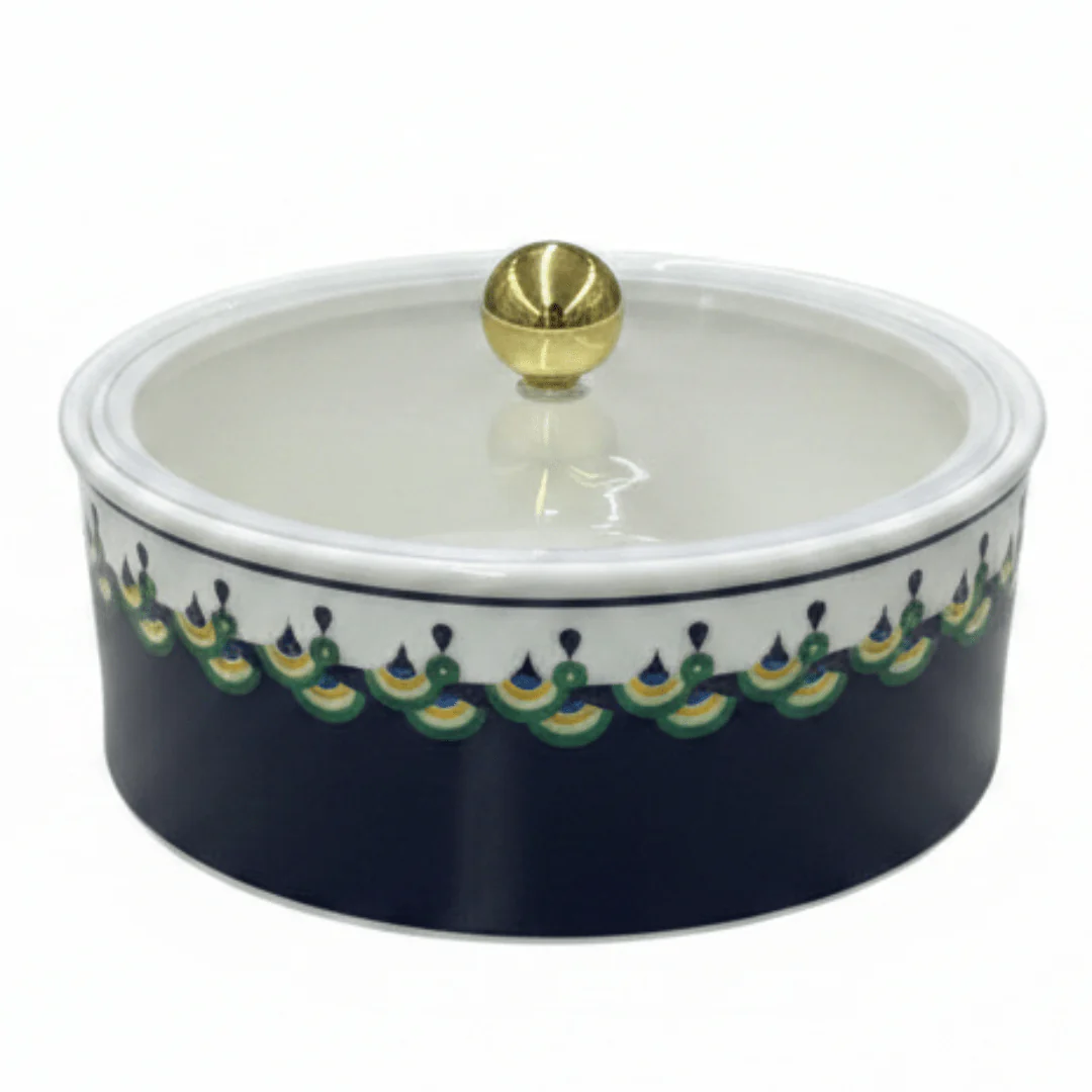 Luhpar RoyalCharm White Ceramic Dates Bowl with Lid – Elegant Navy Blue Pattern Covered Dish for Ramadan, Serving Sweets & Dry Fruits – 15 × 15 cm