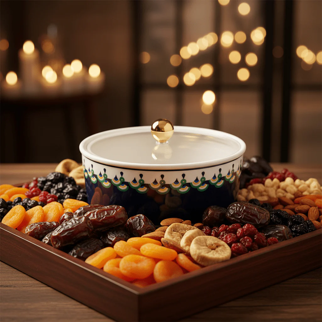 Luhpar RoyalCharm White Ceramic Dates Bowl with Lid – Elegant Navy Blue Pattern Covered Dish for Ramadan, Serving Sweets & Dry Fruits – 15 × 15 cm - Image 2