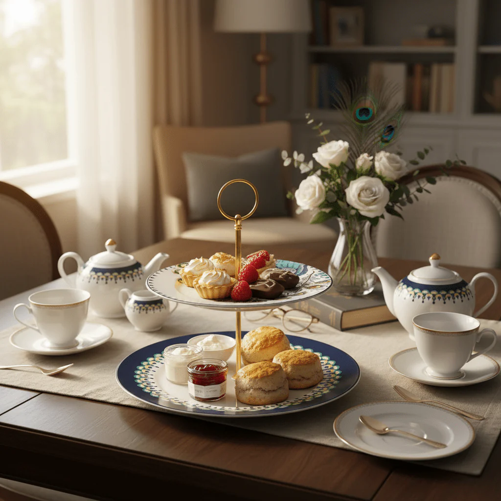 Luhpar White Ceramic 2 Tier Cake Stand 7.5 / 10.5 Inch with Peacock Design - Image 2