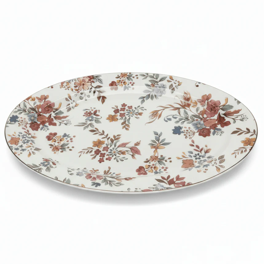 Luhpar White Ceramic Oval Plate 12 Inch with Floral Design