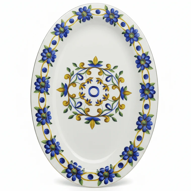Luhpar White Ceramic Oval Plate with Traditional Blue Floral Print – 12 Inch Serving Plate