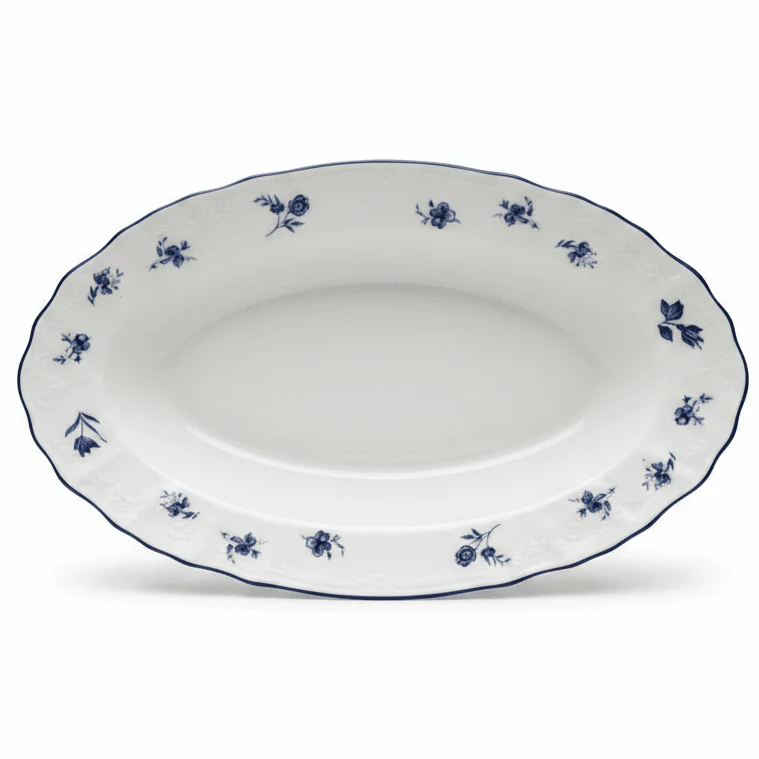 Luhpar White Oval Ceramic Plate with Blue Floral Design for Serving and Dining 9.75 inch