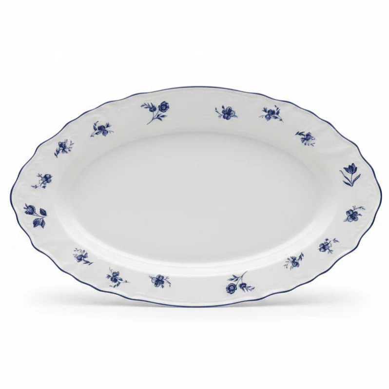 Luhpar White Oval Ceramic Serving Plate with Blue Floral Design for Table Presentation 12 inch