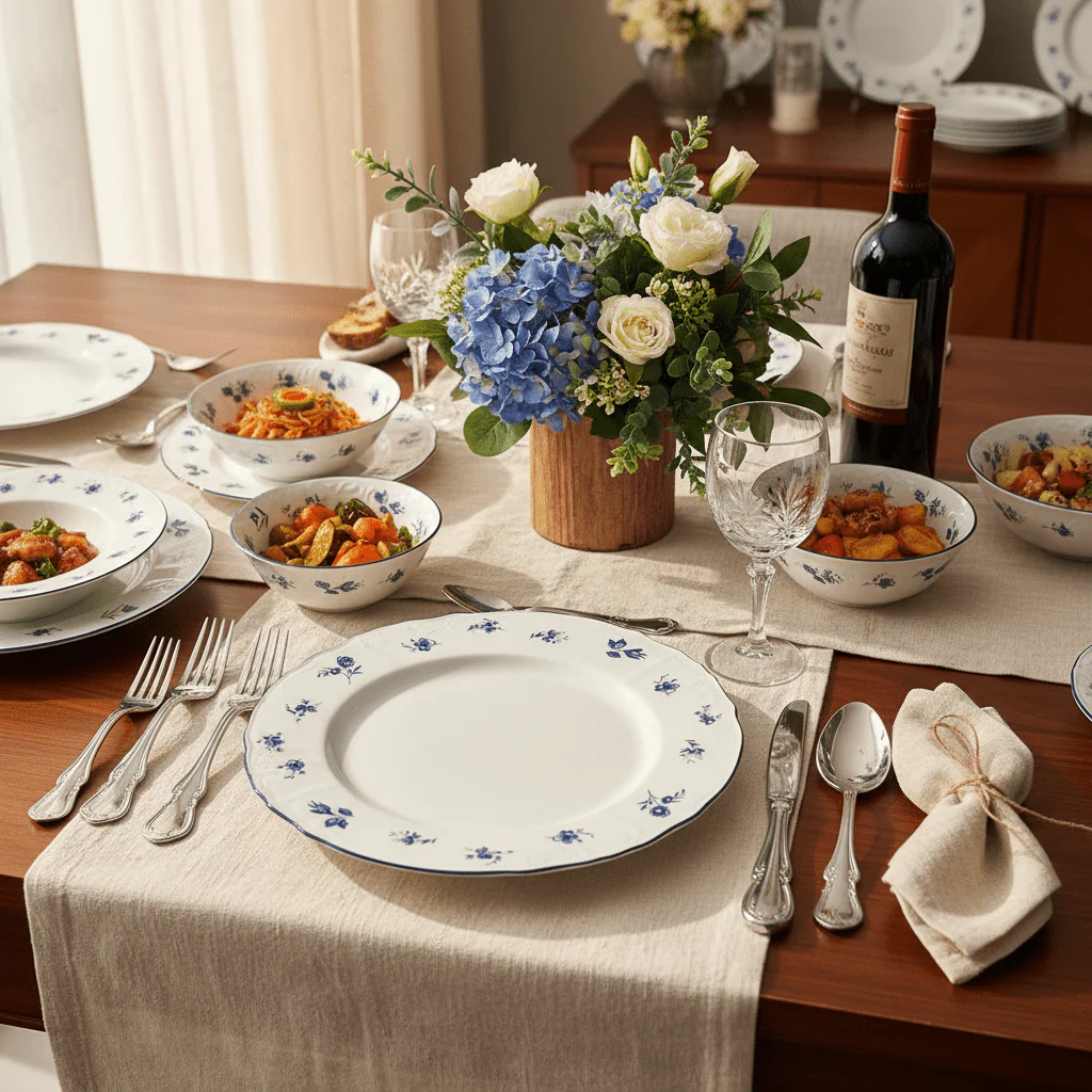 Luhpar White Round Ceramic Dinner Plate with Blue Floral Design for Family Meals 12 inch - Image 2