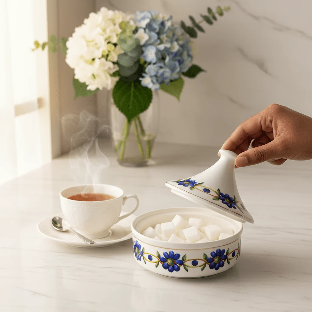 Luhpar White Designer Ceramic Sugar Pot with Elegant Floral Lid for Decorative and Functional Serving – 15×15 cm - Image 4