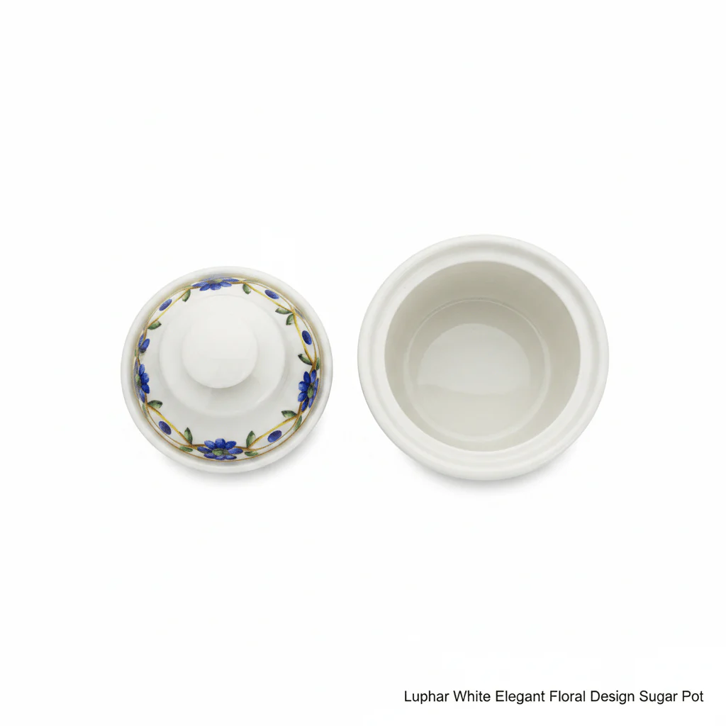 Luhpar White Elegant Floral Design Sugar Pot with Lid for Stylish Tea and Coffee Serving – 10 cm - Image 2