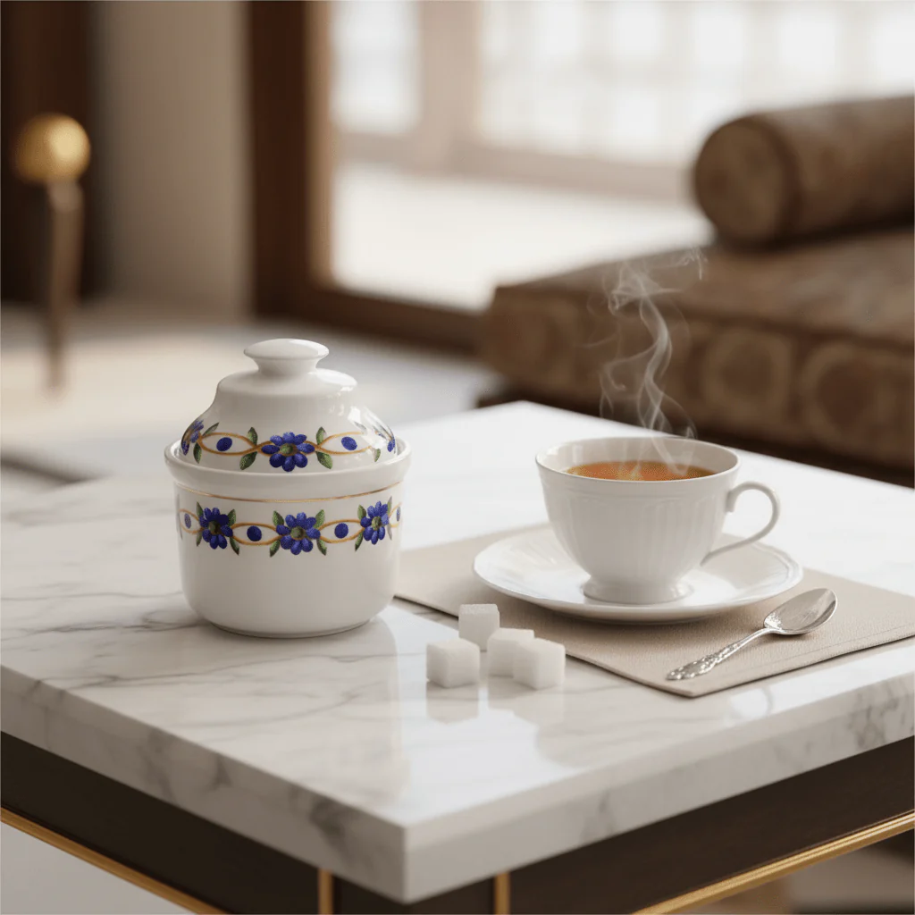 Luhpar White Elegant Floral Design Sugar Pot with Lid for Stylish Tea and Coffee Serving – 10 cm - Image 3