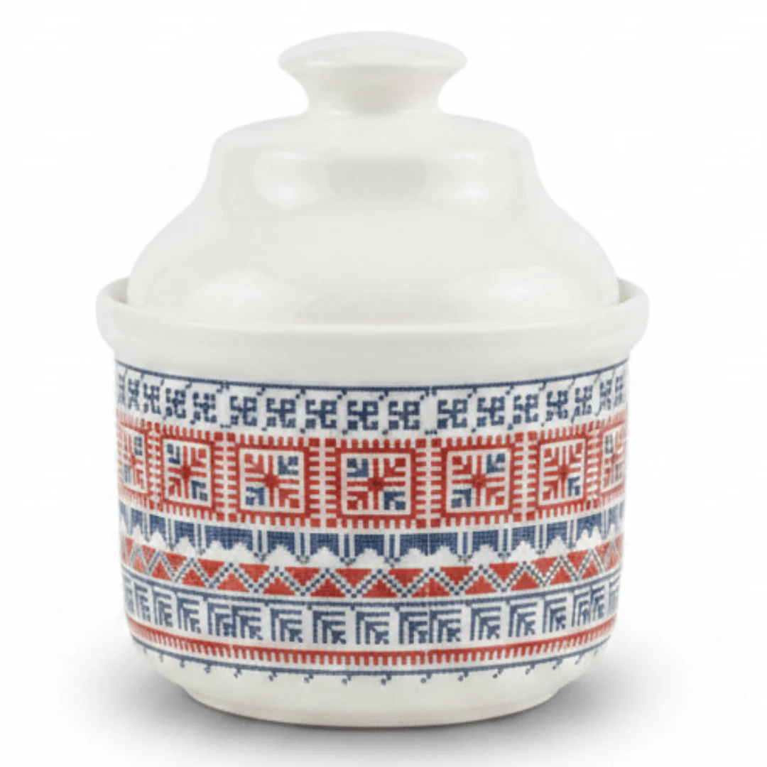 Luhpar Minimalist White Ceramic Sugar Pot with Tatreez Pattern and Elegant Lid for Modern Kitchens – 10 cm