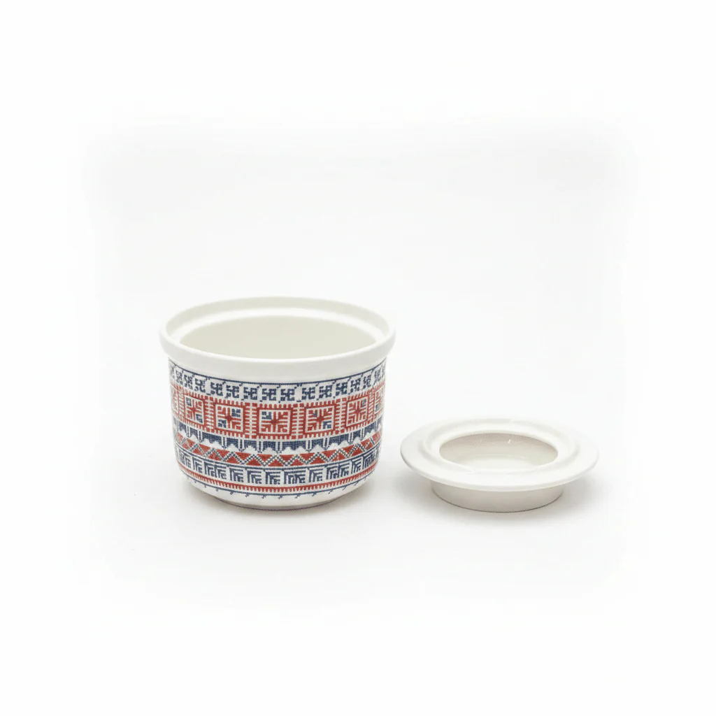 Luhpar Minimalist White Ceramic Sugar Pot with Tatreez Pattern and Elegant Lid for Modern Kitchens – 10 cm - Image 2