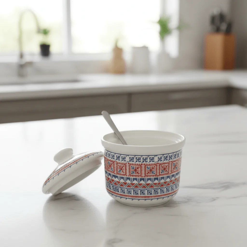 Luhpar Minimalist White Ceramic Sugar Pot with Tatreez Pattern and Elegant Lid for Modern Kitchens – 10 cm - Image 4