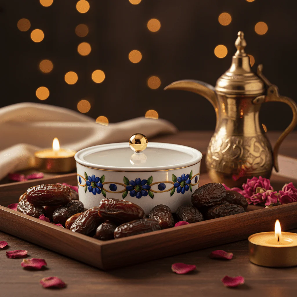 Luhpar White Premium Floral Ceramic Dates Bowl with Transparent Lid for Home, Ramadan and Guest Serving – 15×15 cm - Image 2