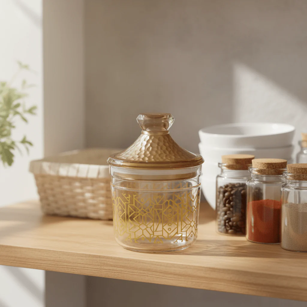 Luxehohe Premium Round Airtight Acrylic Storage Canister – Transparent Body with Elegant Golden Decorative Design, 500 ml - Image 2