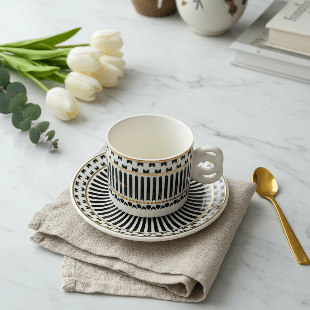 Luxehome Classic Duo Ceramic Cup & Saucer Set – Stylish White & Black Pattern Tea & Coffee Cup Set for Home, Office & Gifting – 160 ml - Image 2