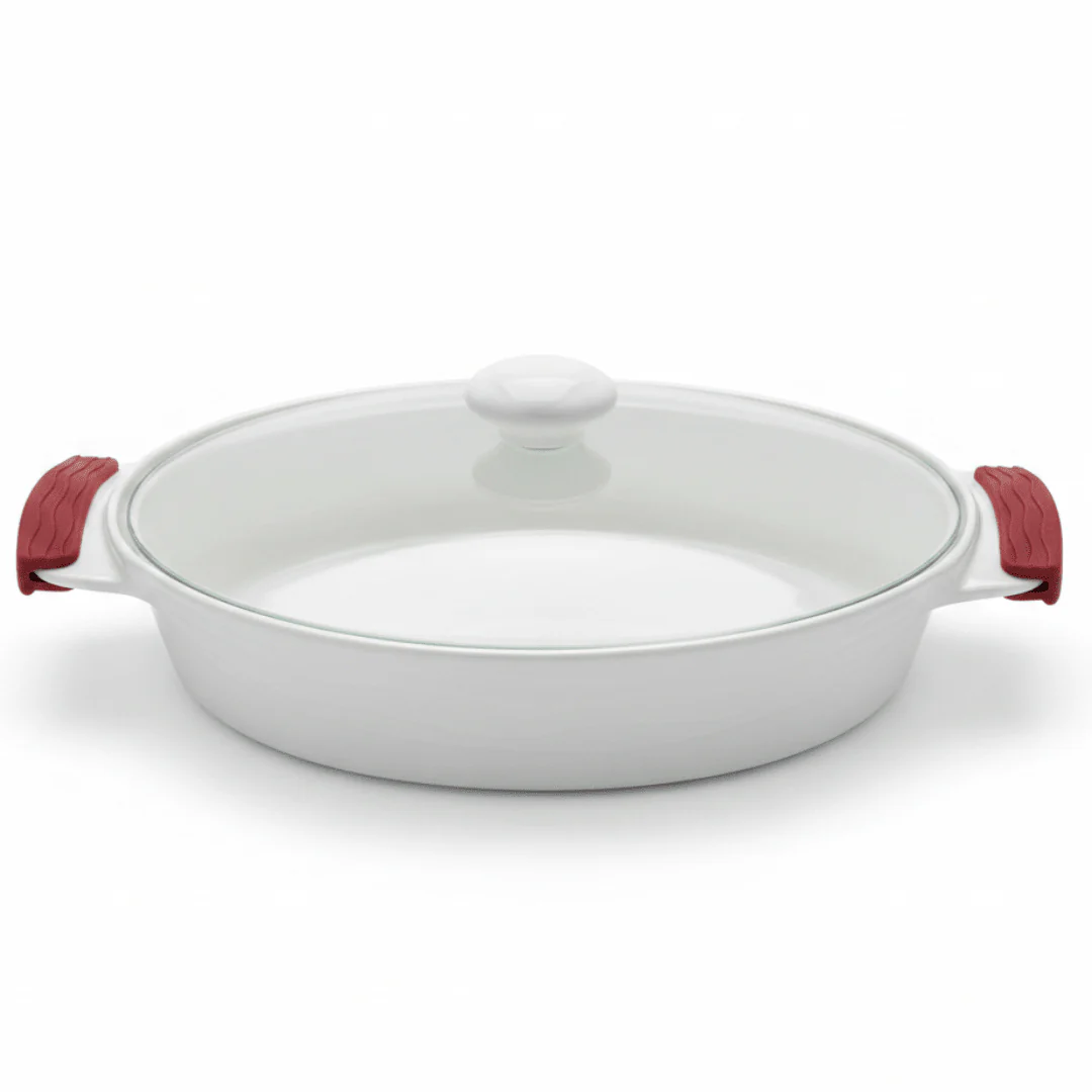 Luxehome Large Oval Ceramic Baking Dish with Glass Lid and Silicone Grip Handles – Family Size Cookware (2.6 L)