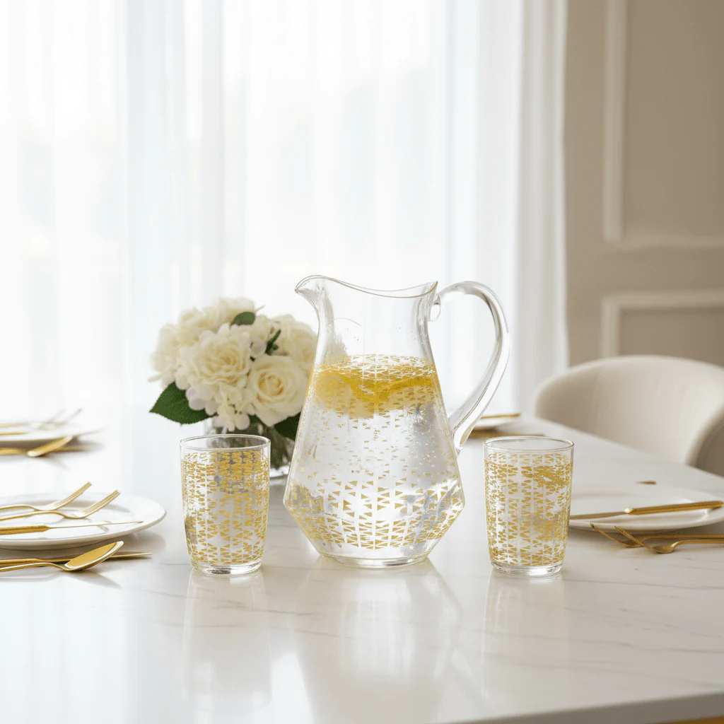 Luxehome Luxury Clear Acrylic Jug with Gold Triangle Confetti Decorative Print – 22 cm - Image 3