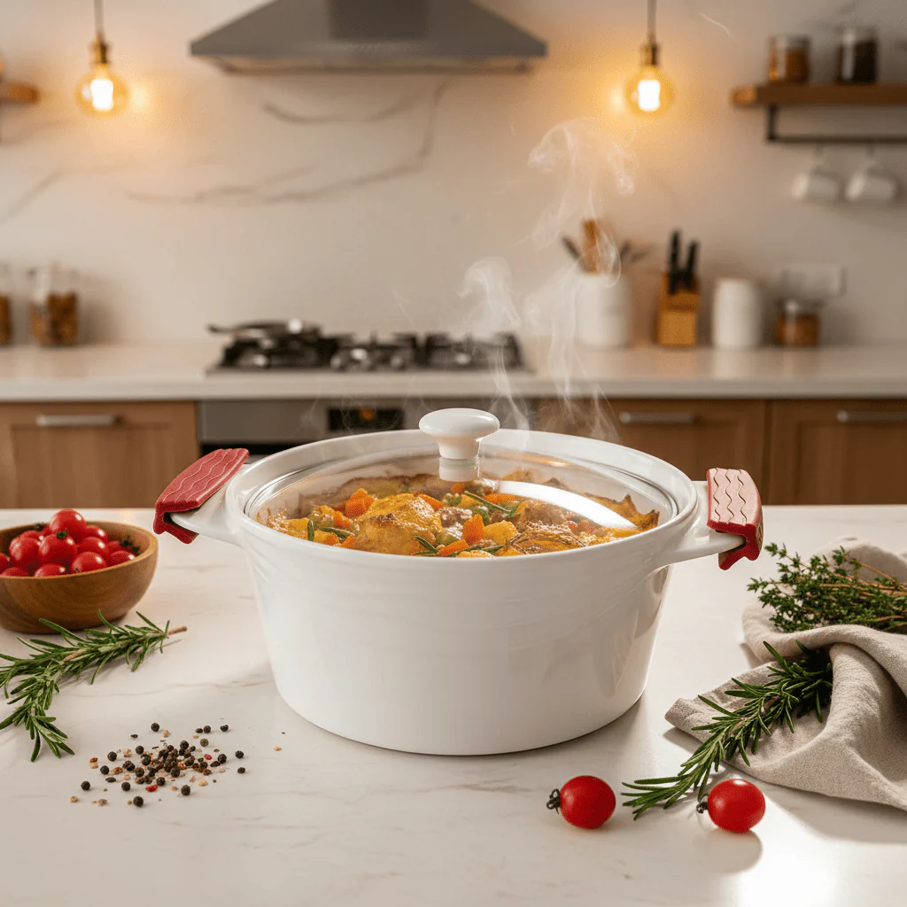 Luxehome Premium Round Ceramic Bakeware Dish with Glass Lid and Silicone Handles – Oven-Safe Cooking Dish (2.1 L) - Image 3