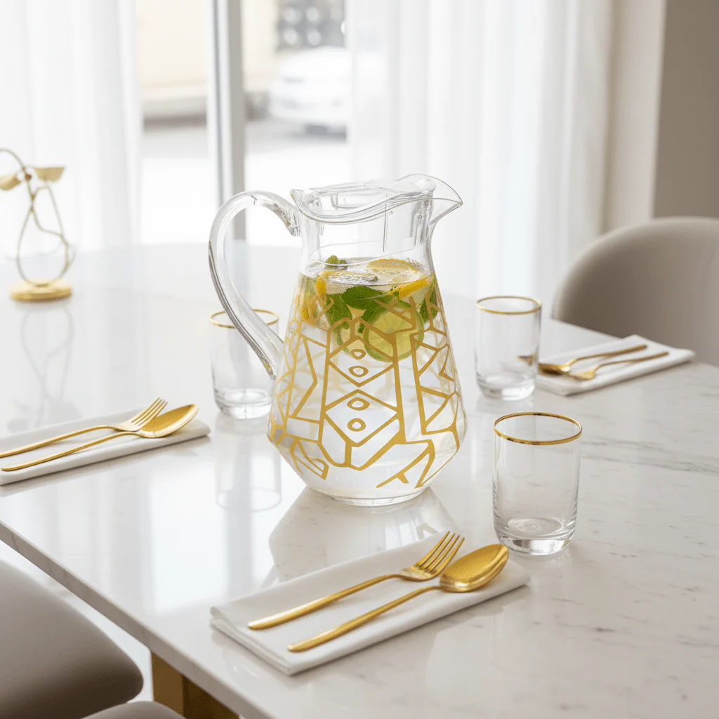 Luxehome Signature Collection Clear Acrylic Jug with Luxury Gold Print Finish – 22 cm - Image 3