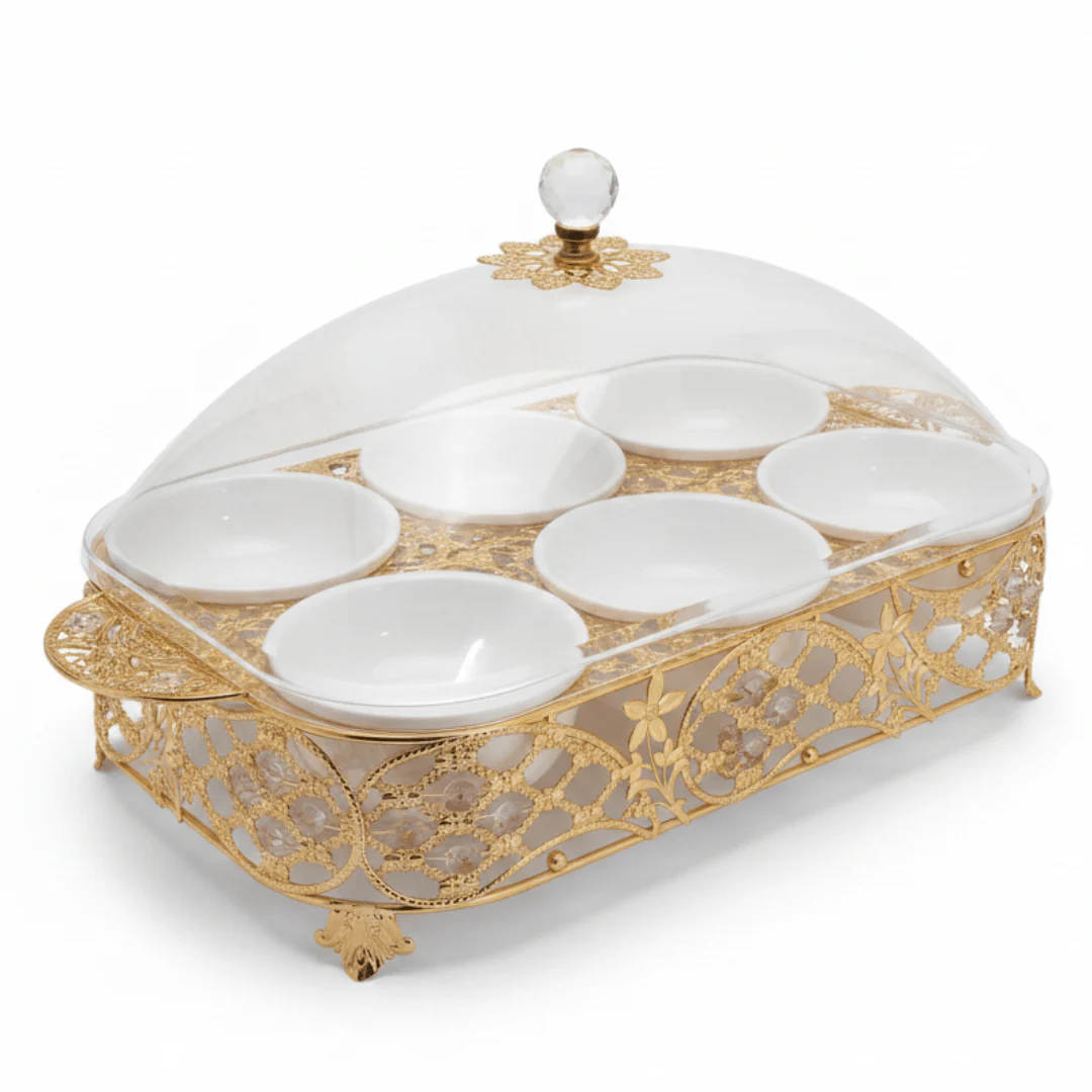 Luxury 6-Section White Ceramic Candy Serving Bowl with Premium Gold Metal Holder & Decorative Lid for Chocolates Nuts Dates and Dry Fruits – Elegant Majlis Table Display Tray 40×27 cm